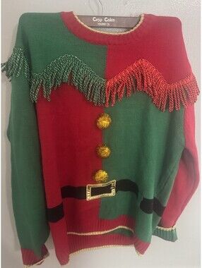 Blizzard Bay Ugly Christmas Sweater Mens M Elf Suit Fringe Pom Poms Red Green